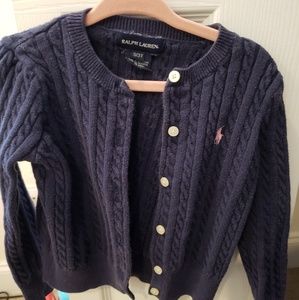 Navy cableknit cardigan Polo by Ralph Lauren. VGUC